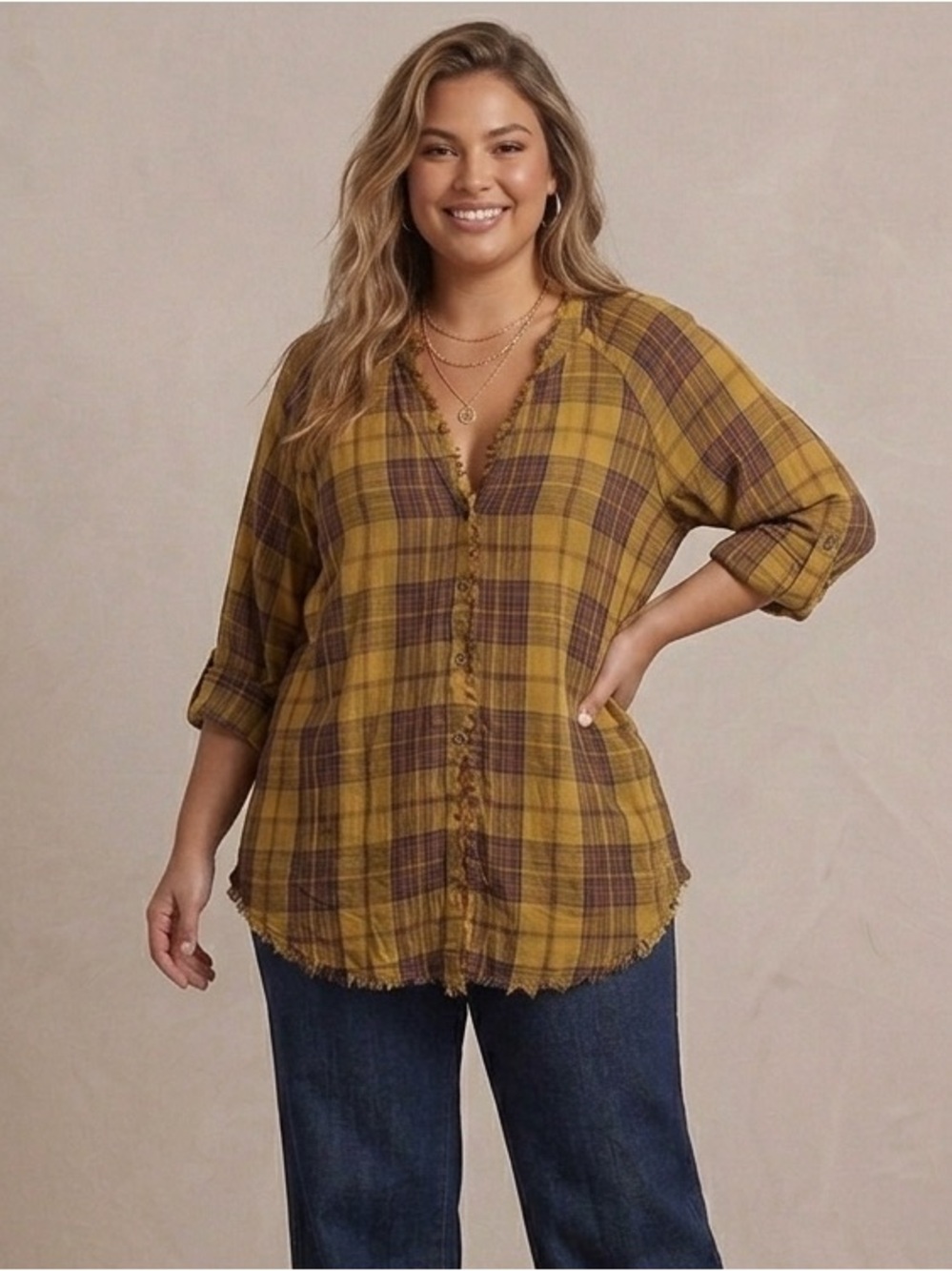 Cato Yellow and Brown Long Sleeve Button Down Blouse